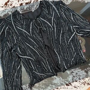 Vintage 80s Beaded Black & Silver 3/4 Sleeve Top with Clasp Closure - Sz: M